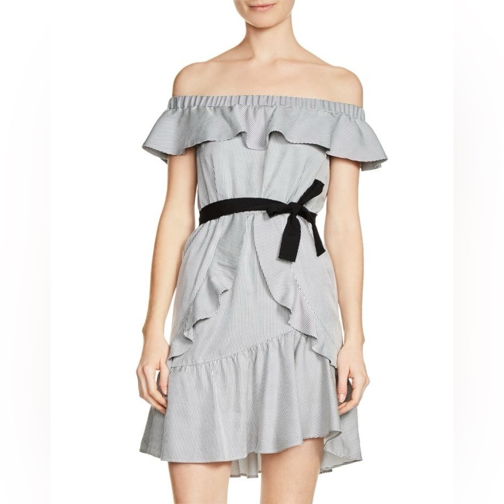 MAJE Off-Shoulder Striped Ruffle Dress with Black Belt accent size 3 (US Large)